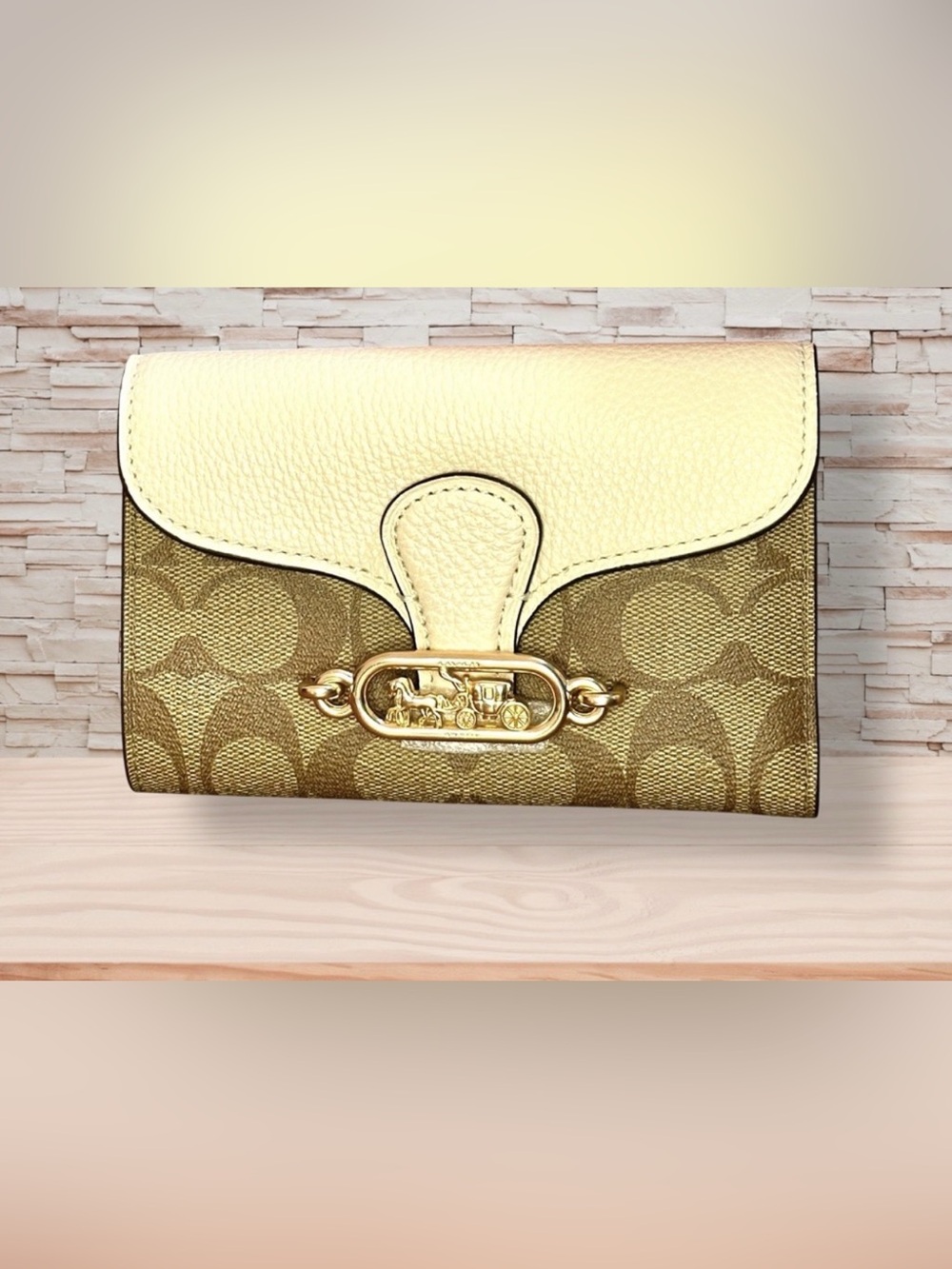 Coach Signature Canvas Wallet in Gold and Cream